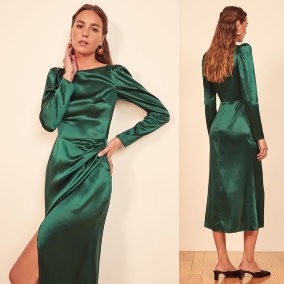 Reformation Dress Cameron Long Sleeve Silk Slit Midi Wedding Emerald 12 GUC - Picture 7 of 8